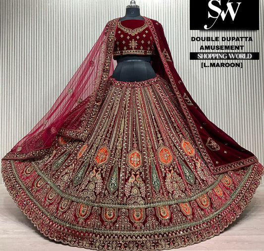 L.marron velvet double dupatta Lehenga