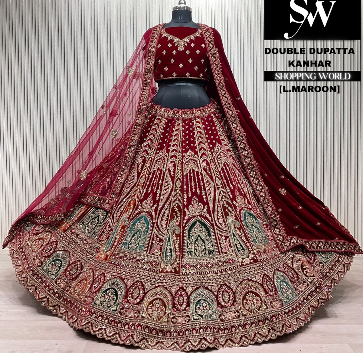 L.marron velvet double dupatta Lehenga