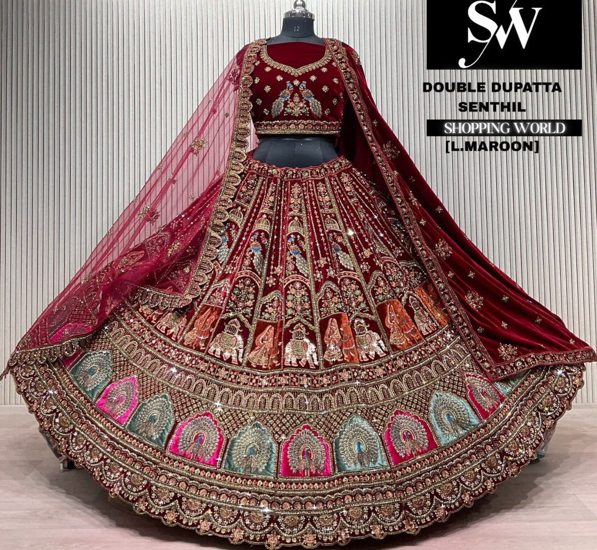 L.marron velvet double dupatta Lehenga