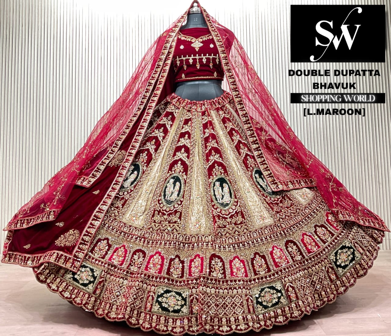 L.marron velvet double dupatta Lehenga