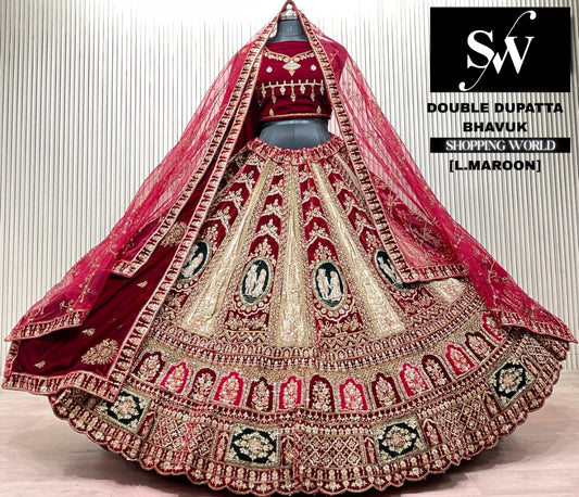 L.marron velvet double dupatta Lehenga