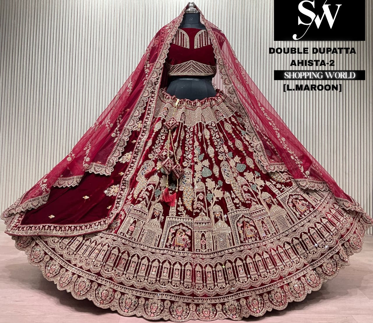 L.marron velvet double dupatta Lehenga