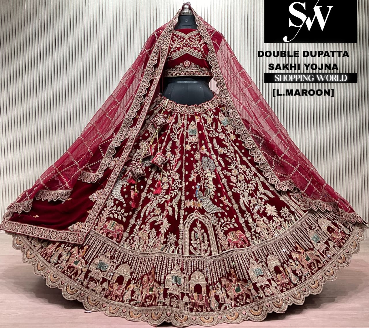 L.marron velvet double dupatta Lehenga