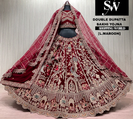 L.marron velvet double dupatta Lehenga