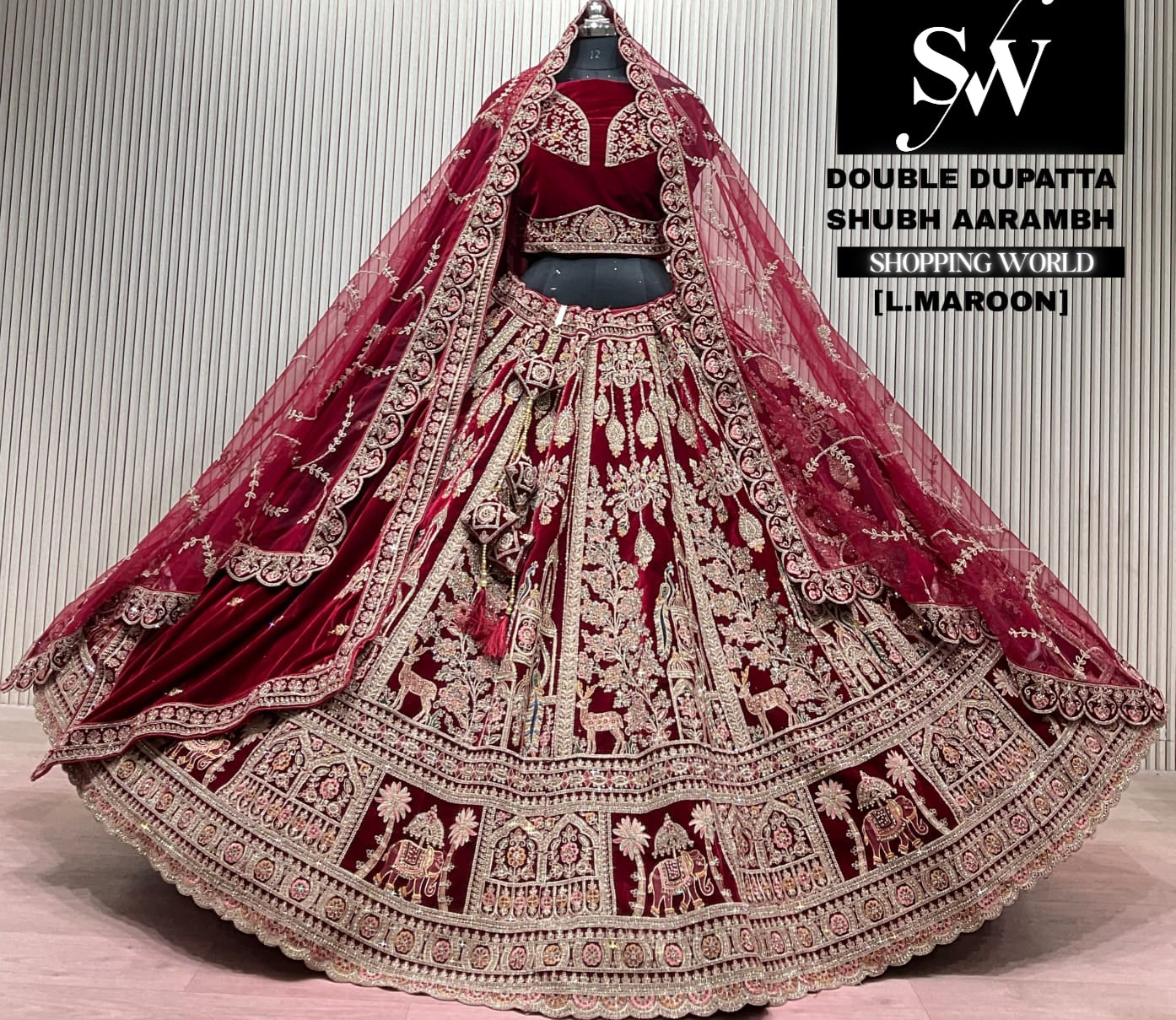 L.marron velvet double dupatta Lehenga