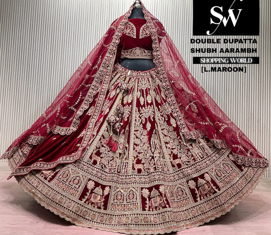 L.marron velvet double dupatta Lehenga