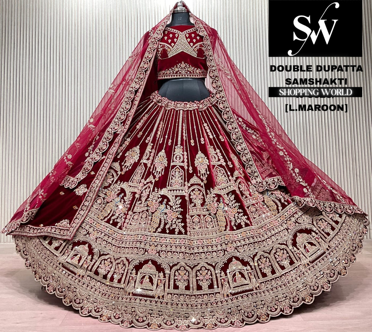 L.marron velvet double dupatta Lehenga