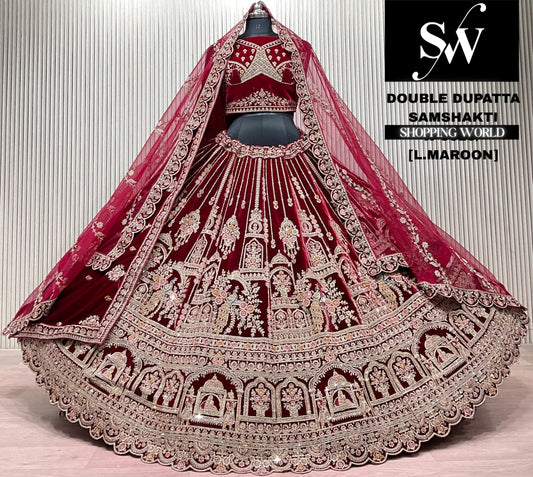 L.marron velvet double dupatta Lehenga