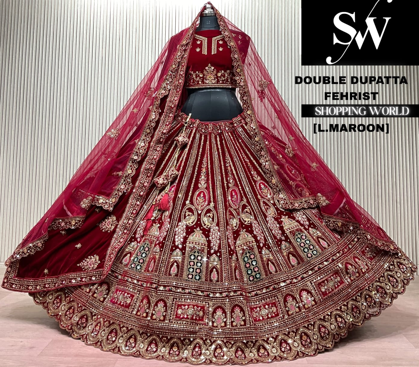 L.marron velvet double dupatta Lehenga