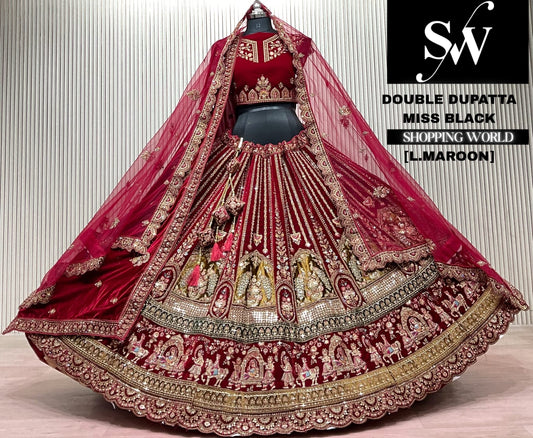 L.marron velvet double dupatta Lehenga