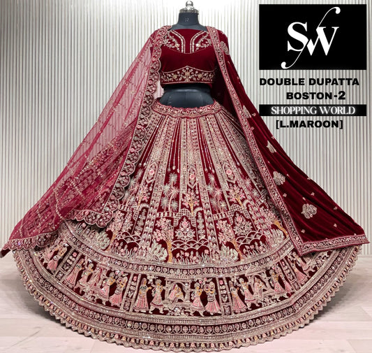 L.marron velvet double dupatta Lehenga