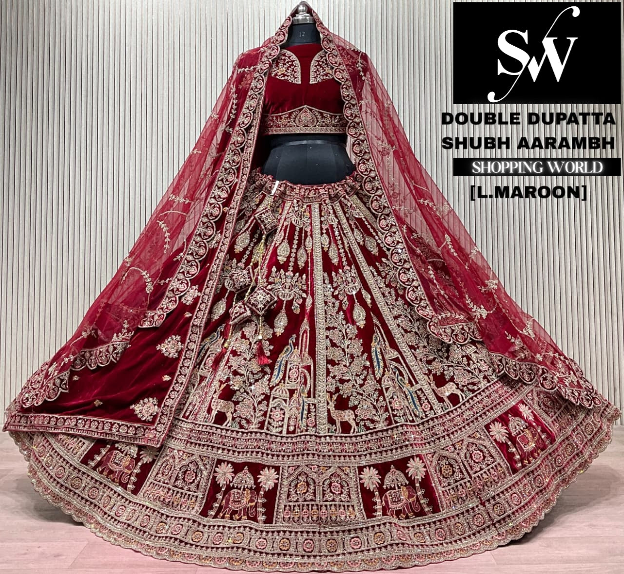 L.marron velvet double dupatta Lehenga
