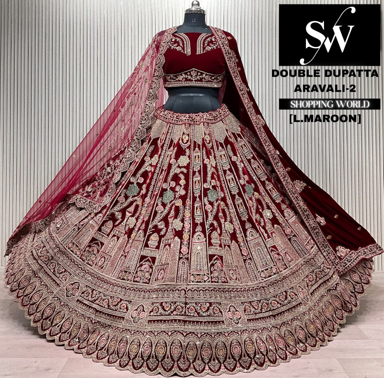 L.marron velvet double dupatta Lehenga