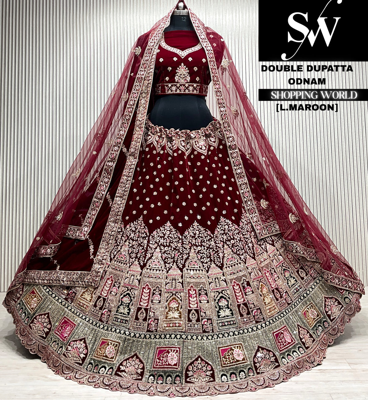 D.maroon velvet double dupatta Lehenga