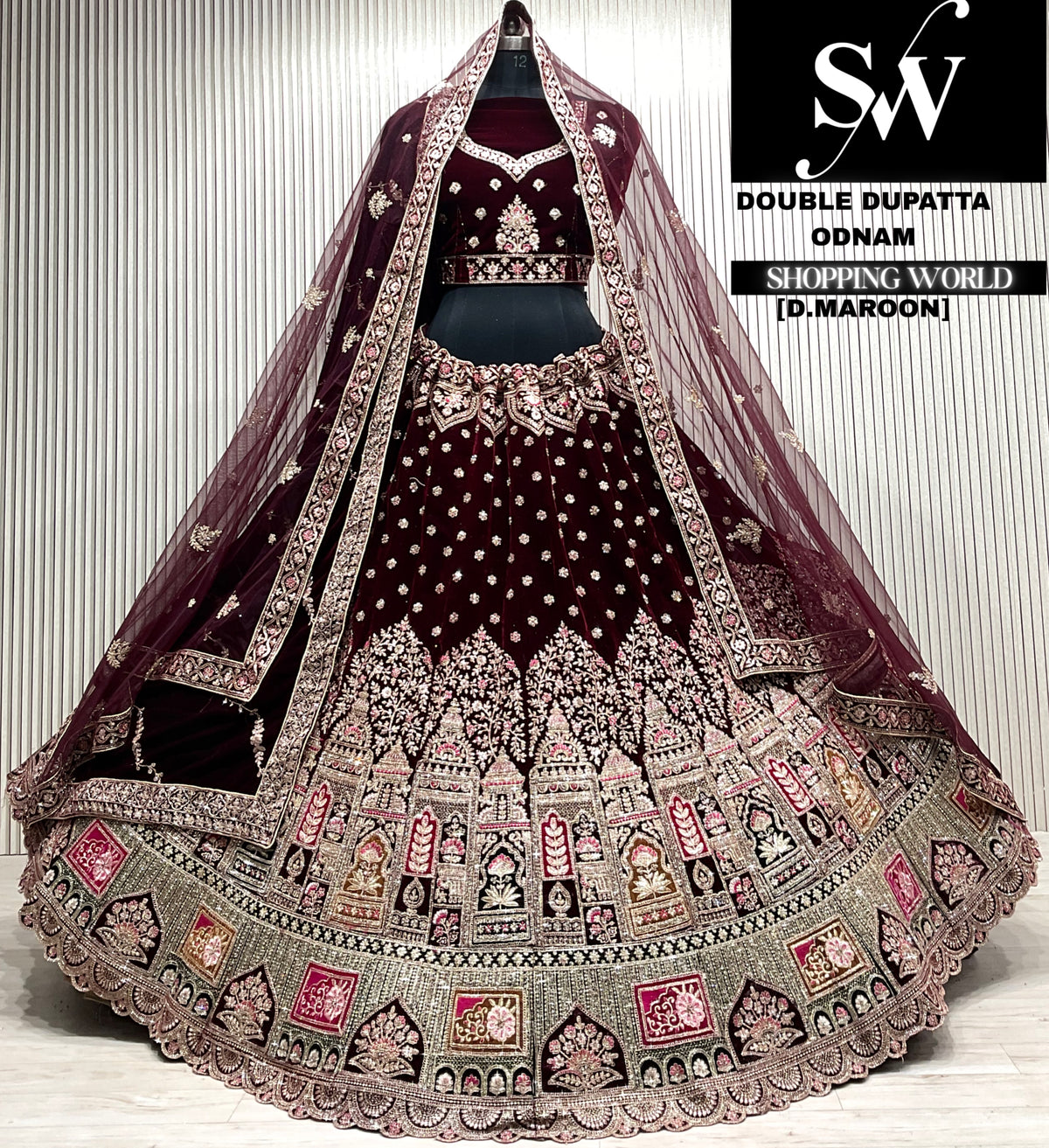 D.maroon velvet double dupatta Lehenga