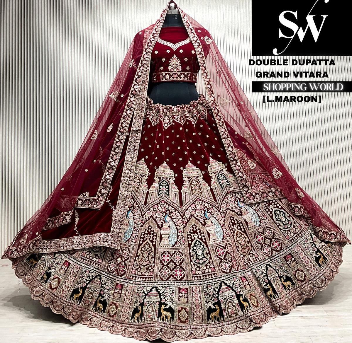 L.maroon velvet double dupatta Lehenga