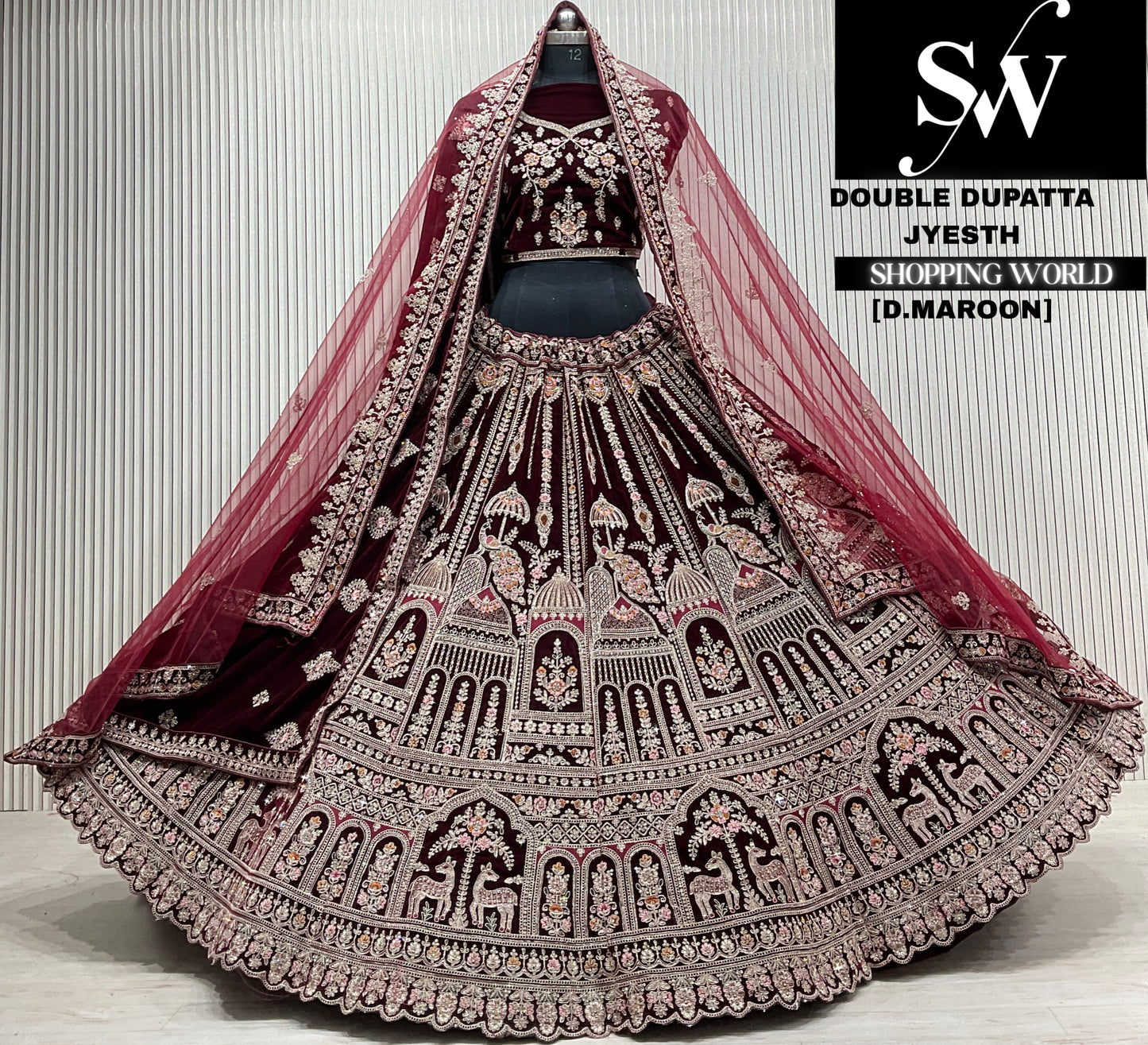 D.maroon velvet double dupatta Lehenga