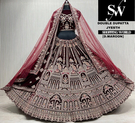 L.maroon velvet double dupatta Lehenga