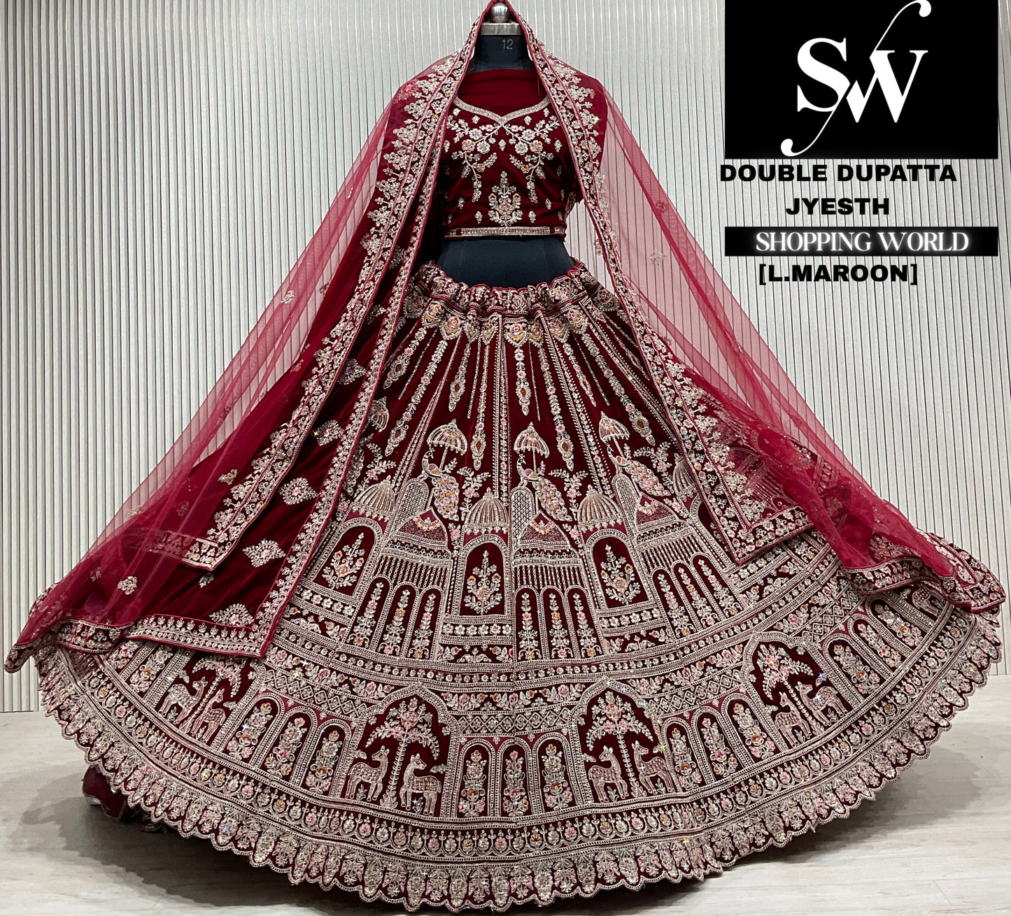 D.maroon velvet double dupatta Lehenga