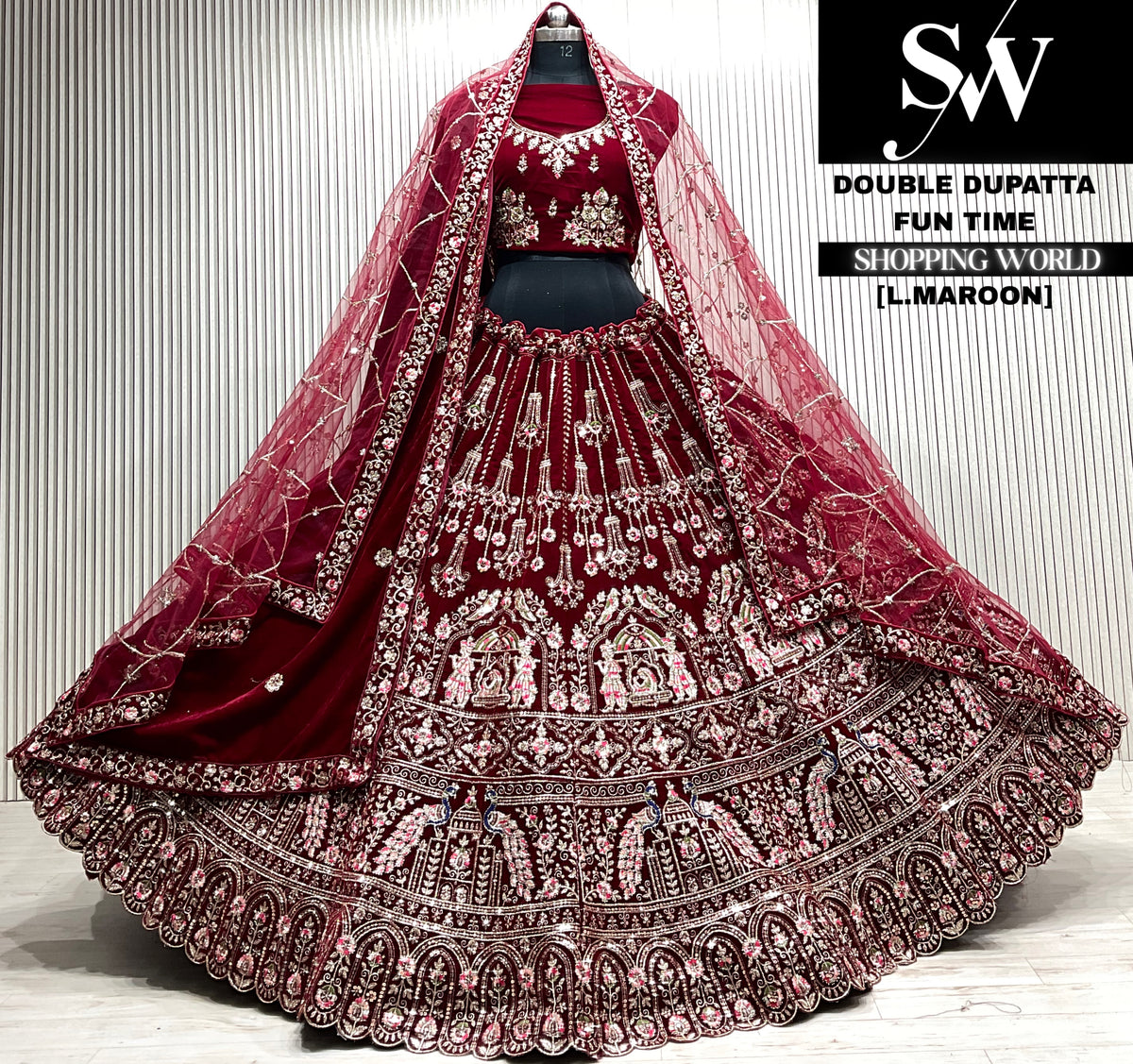 D.maroon velvet double dupatta Lehenga