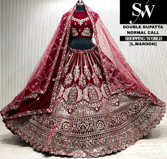 L.maroon velvet double dupatta Lehenga