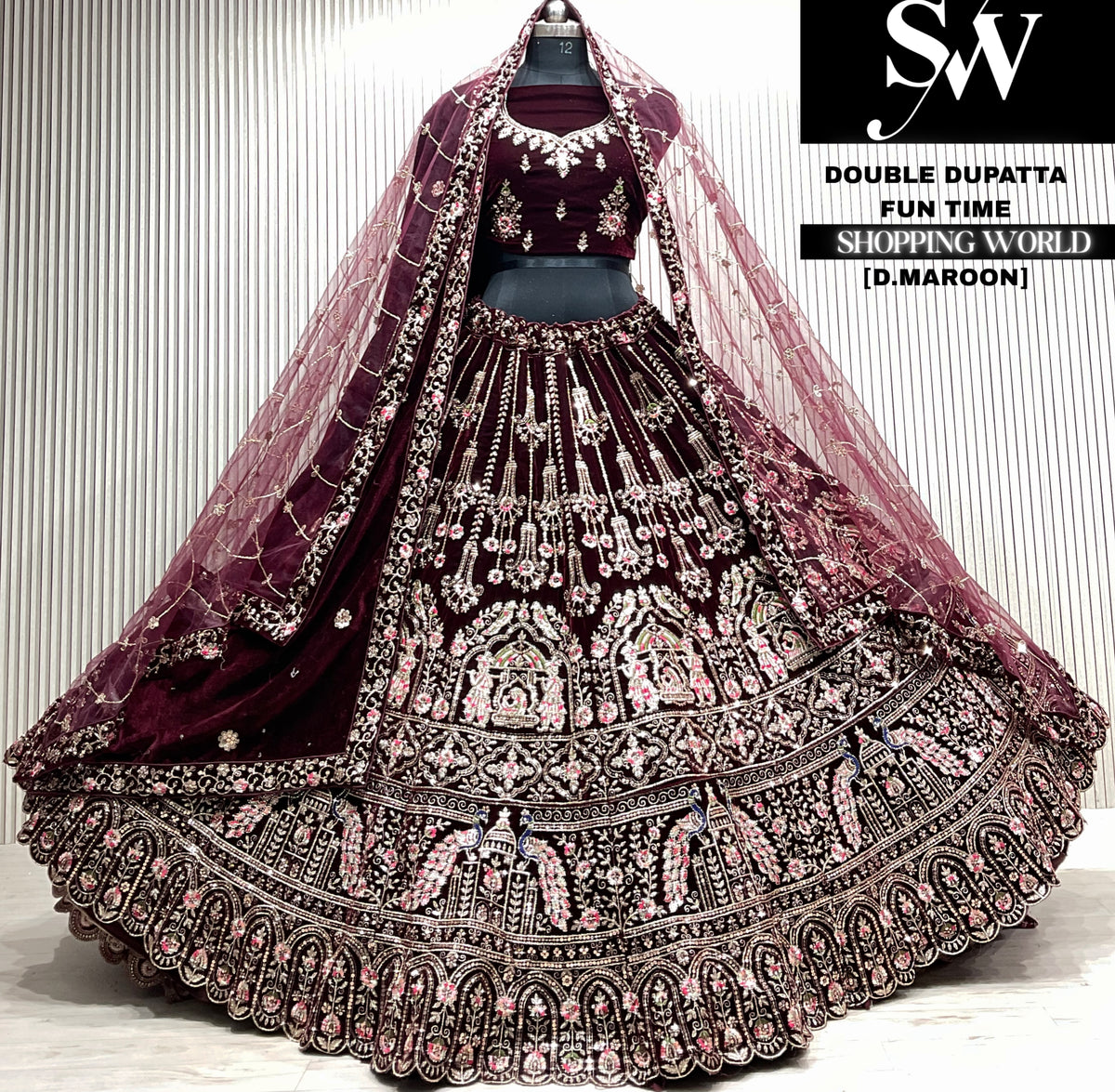 D.maroon velvet double dupatta Lehenga