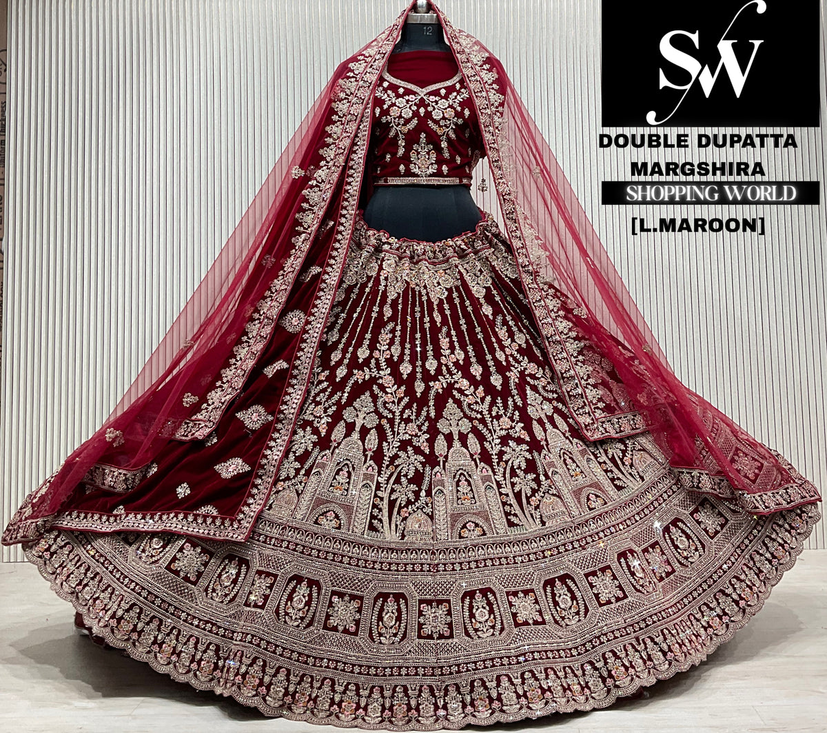 D.maroon velvet double dupatta Lehenga