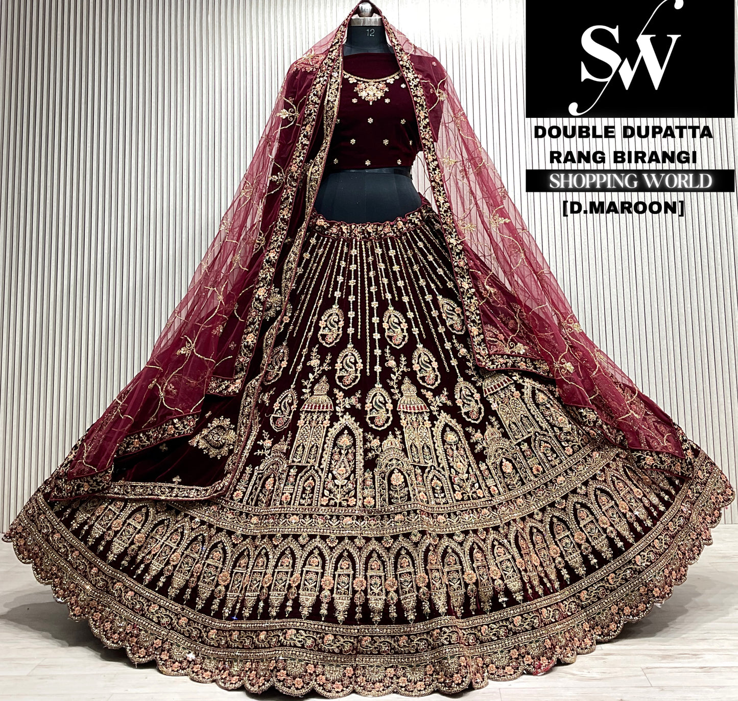 D.maroon velvet double dupatta Lehenga