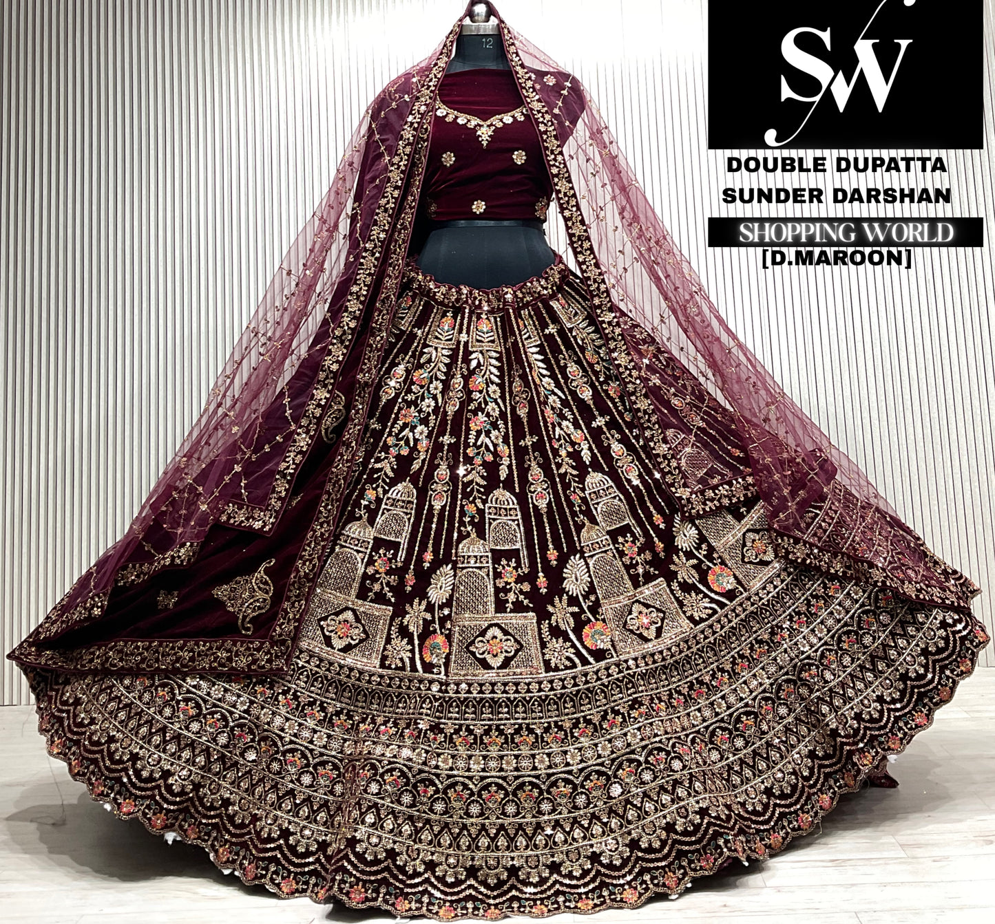 L.maroon velvet double dupatta Lehenga
