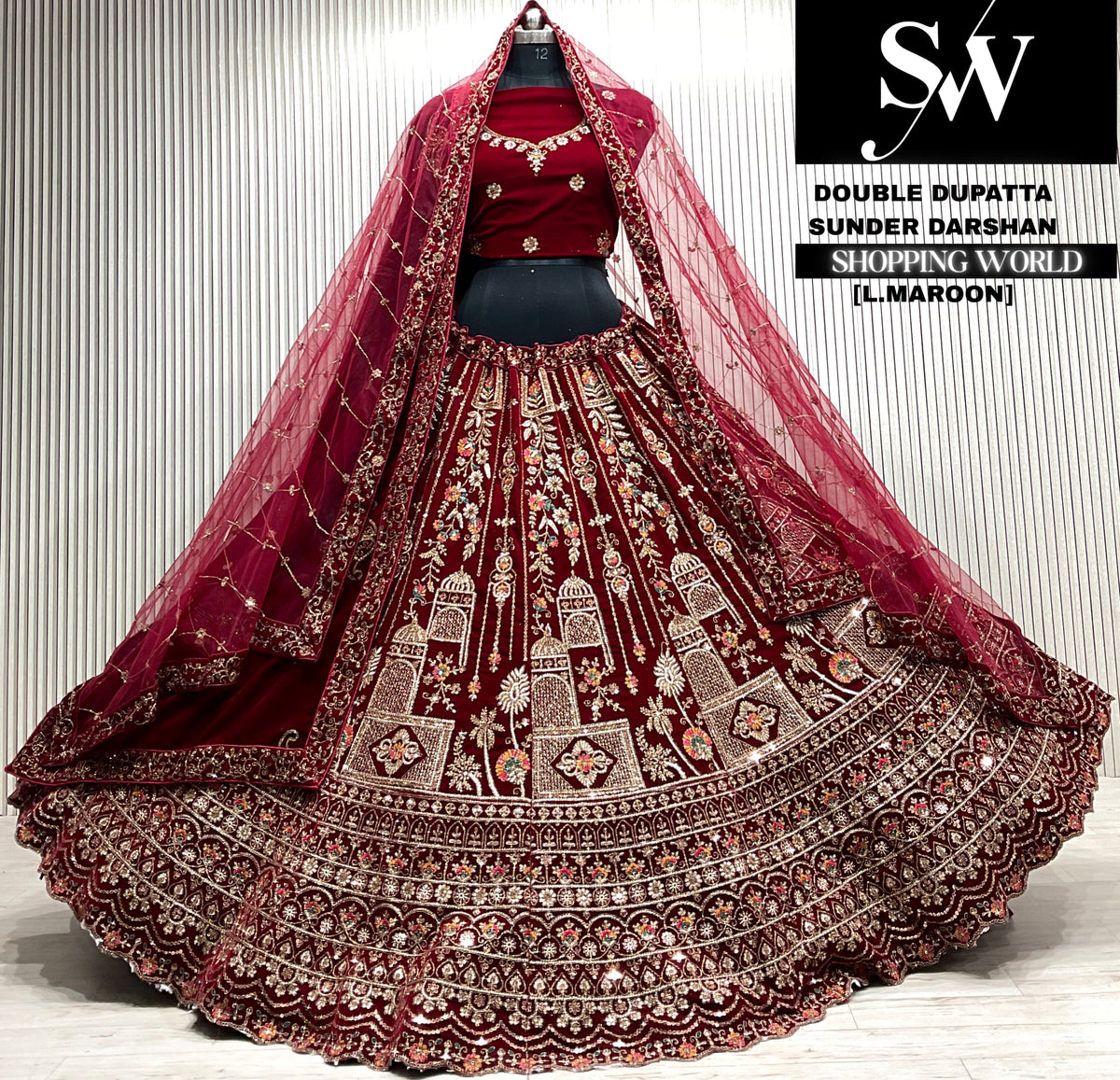L.maroon velvet double dupatta Lehenga
