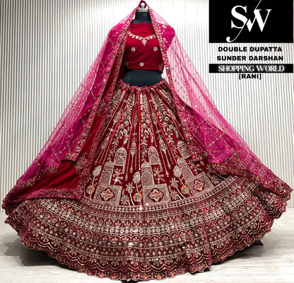 L.maroon velvet double dupatta Lehenga