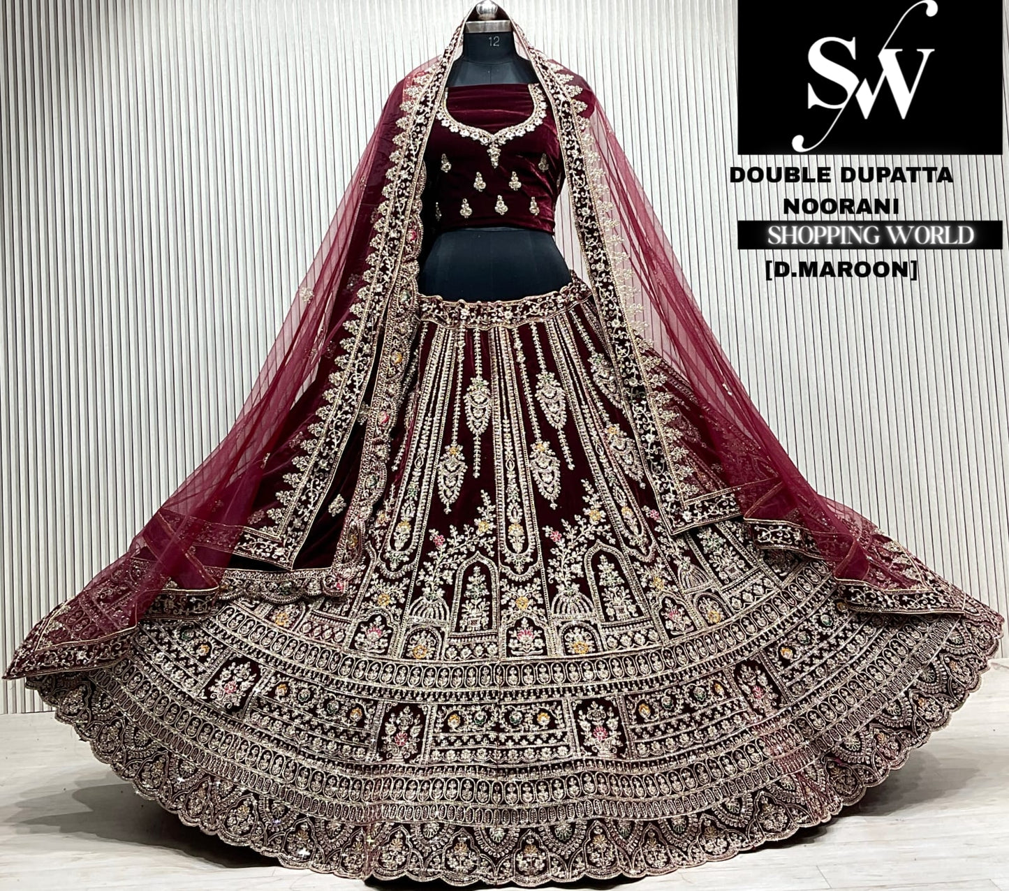 D.maroon velvet double dupatta Lehenga