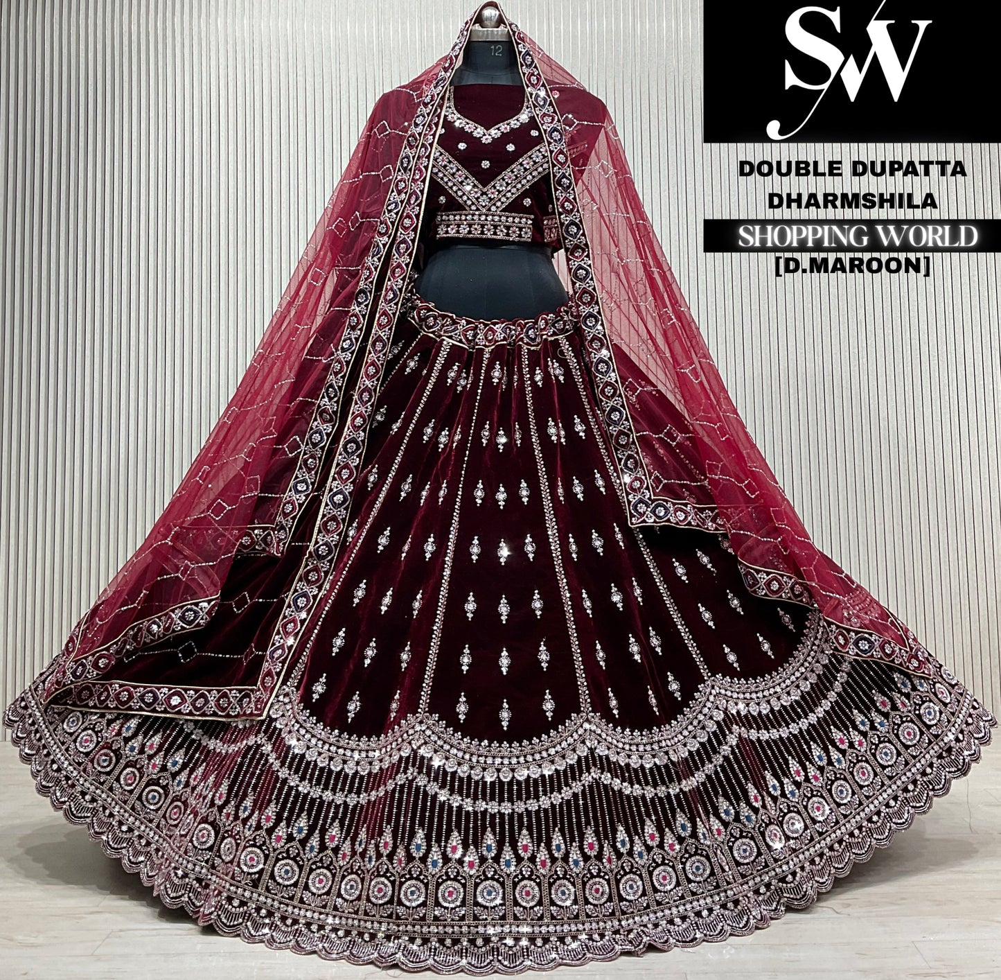 Wine velvet double dupatta Lehenga