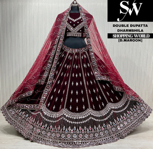 L.maroon velvet double dupatta Lehenga