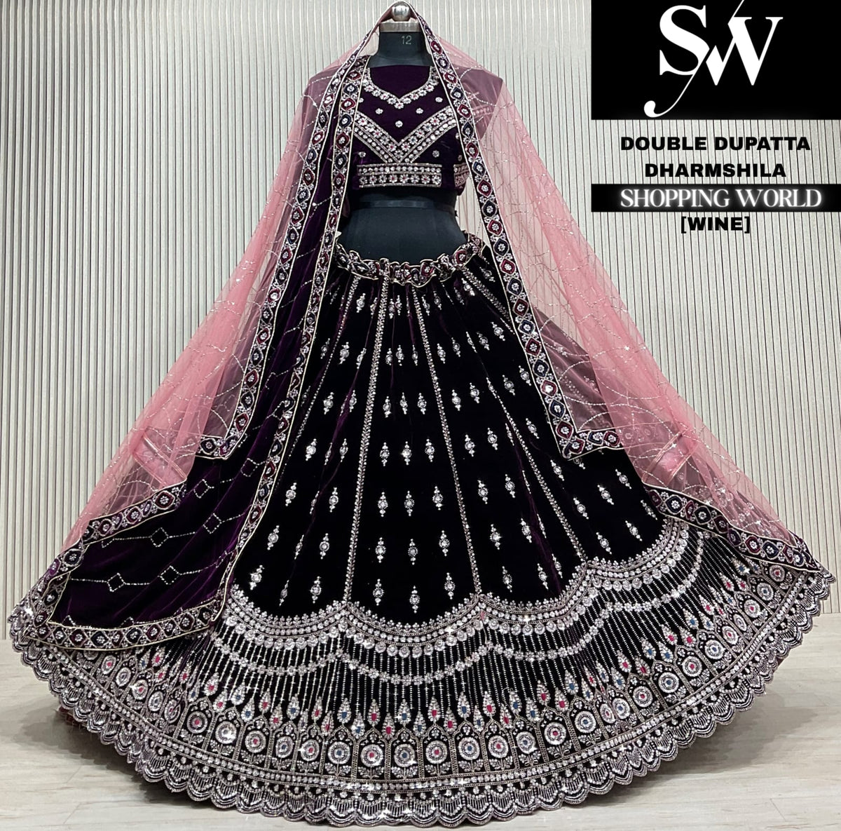 Wine velvet double dupatta Lehenga
