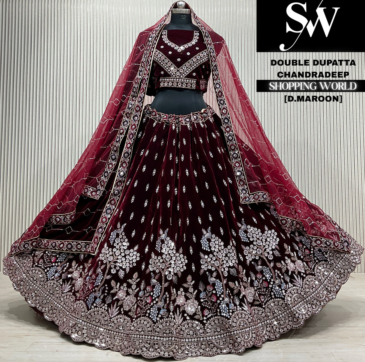 Blue velvet double dupatta Lehenga