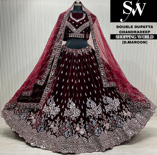 D.maroon velvet double dupatta Lehenga