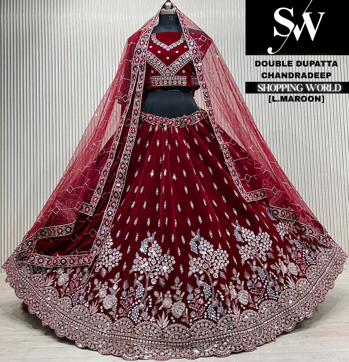 Blue velvet double dupatta Lehenga