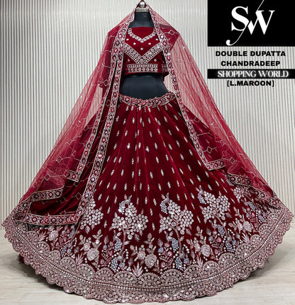 Blue velvet double dupatta Lehenga