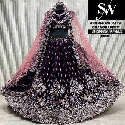 Blue velvet double dupatta Lehenga