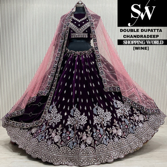 L.maroon velvet double dupatta Lehenga