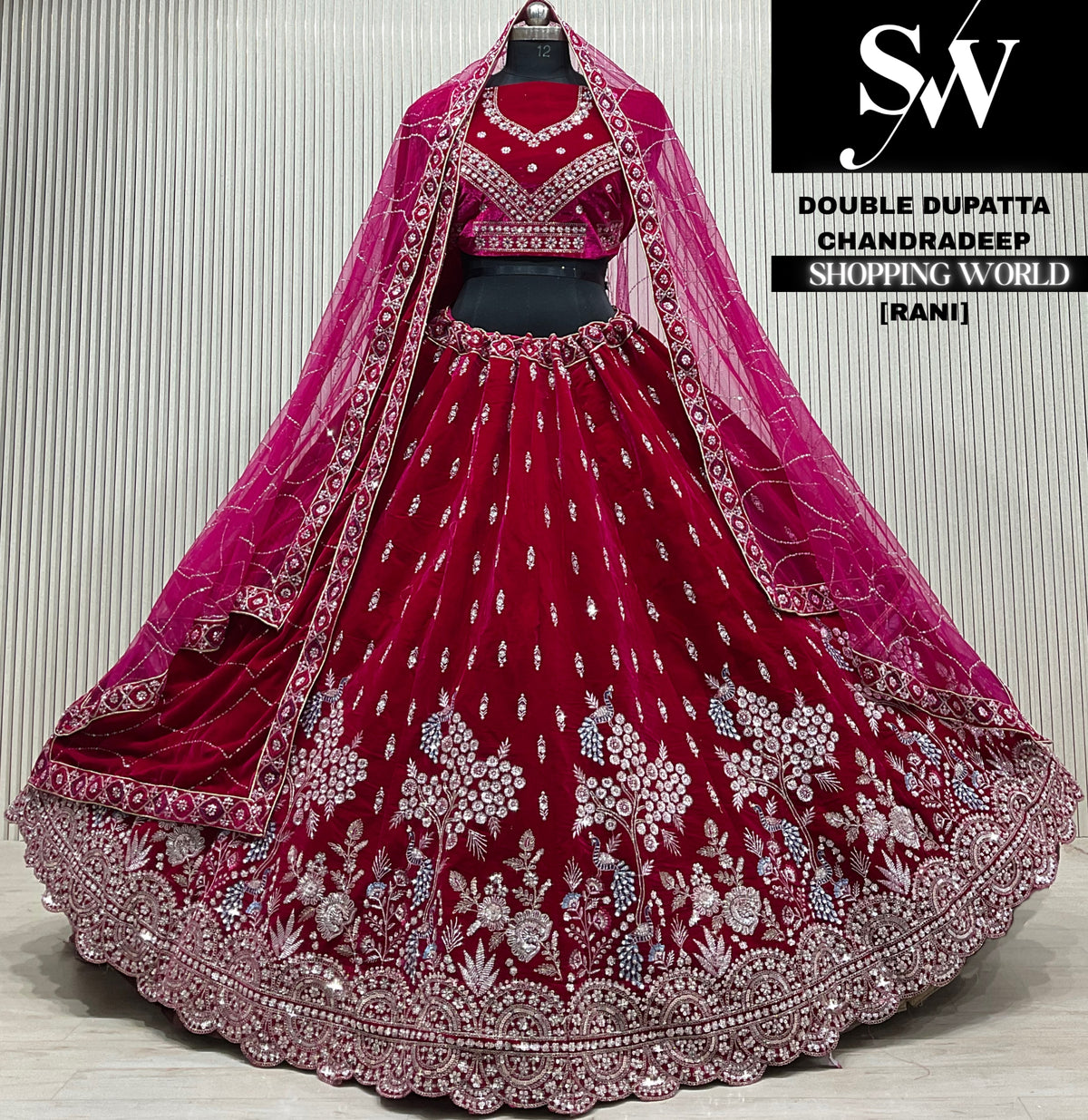 Blue velvet double dupatta Lehenga