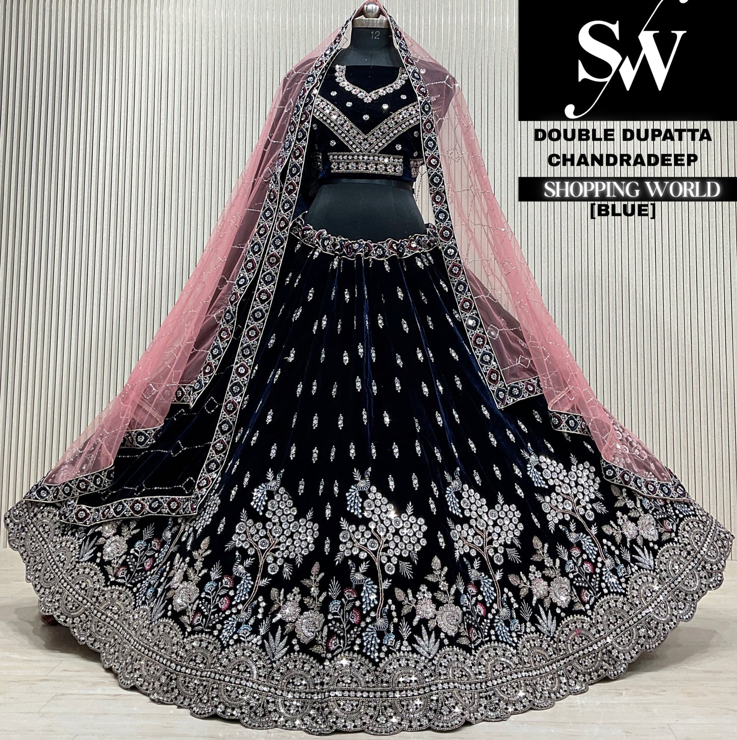 Blue velvet double dupatta Lehenga