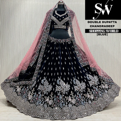 Blue velvet double dupatta Lehenga