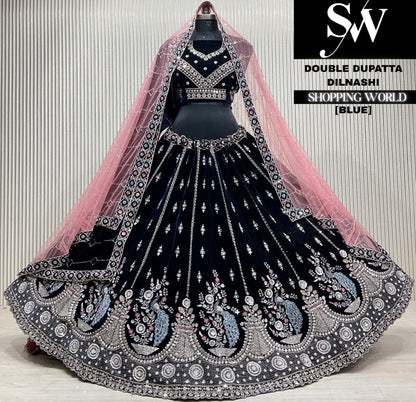 Blue velvet double dupatta Lehenga