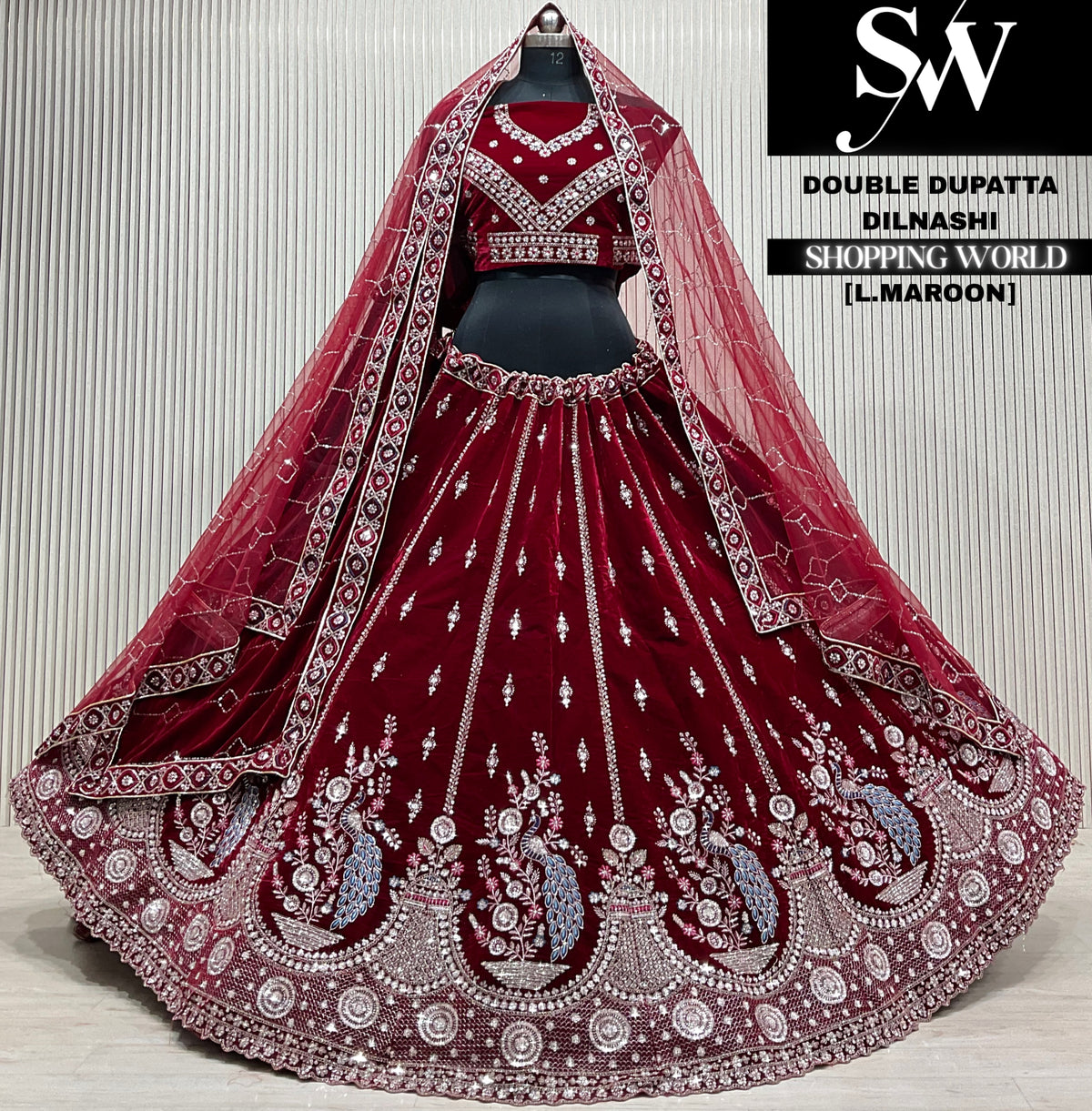 Blue velvet double dupatta Lehenga