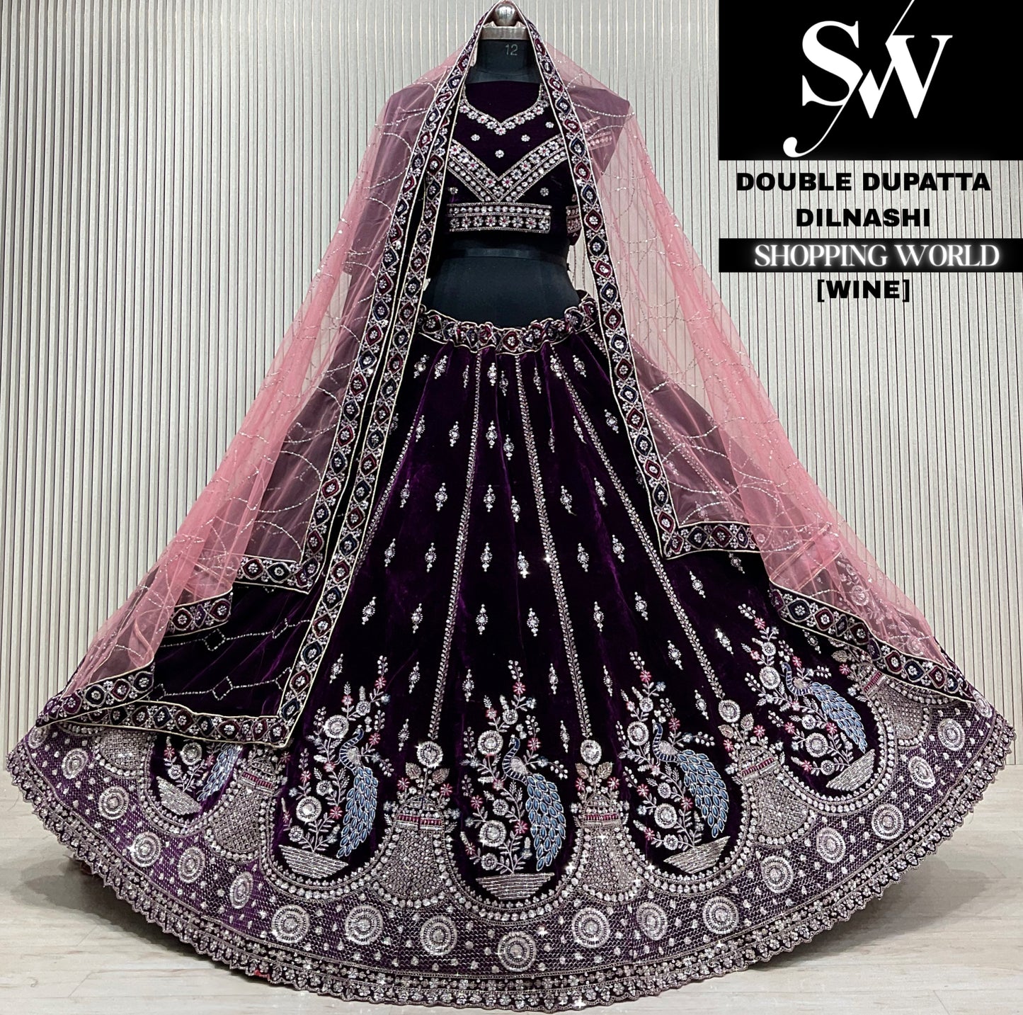 Blue velvet double dupatta Lehenga
