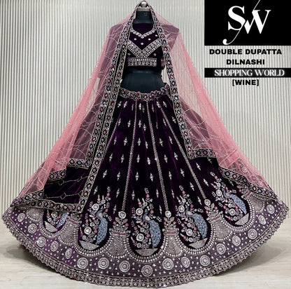 Blue velvet double dupatta Lehenga