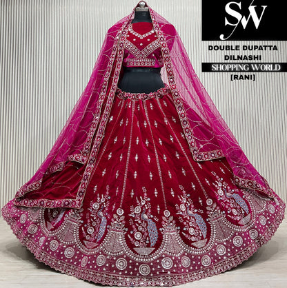 Blue velvet double dupatta Lehenga