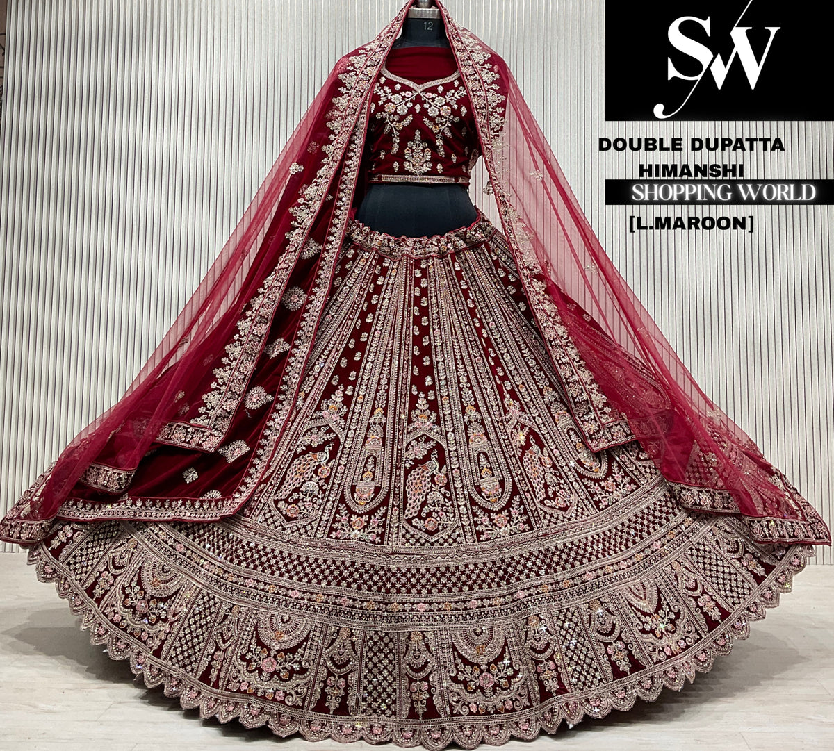 L.maroon velvet double dupatta Lehenga
